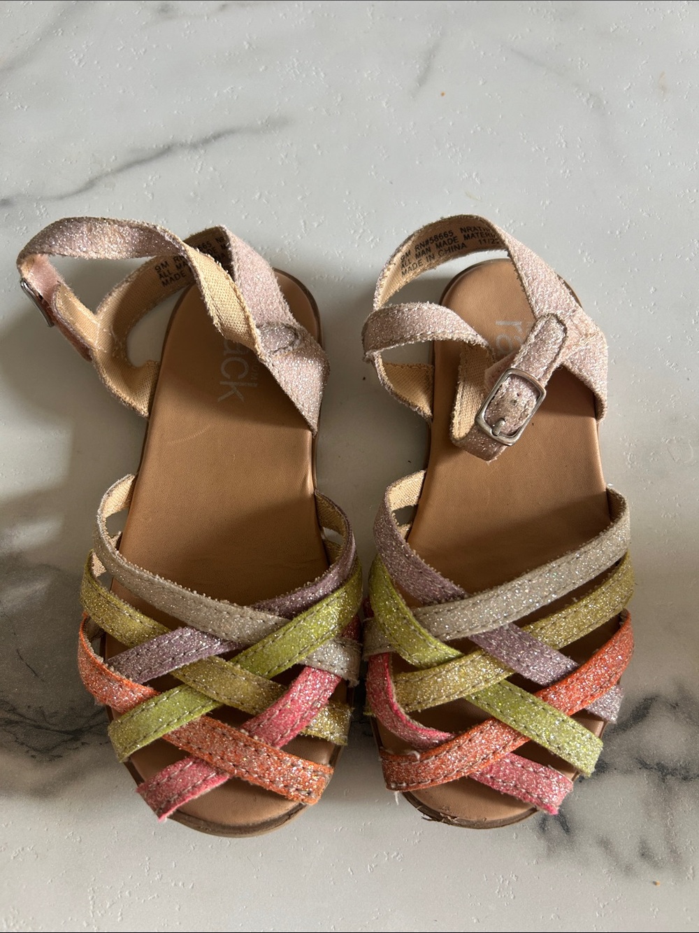Glitter Crisscross Girls' Sandals in Pink, Orange, Green, Cream